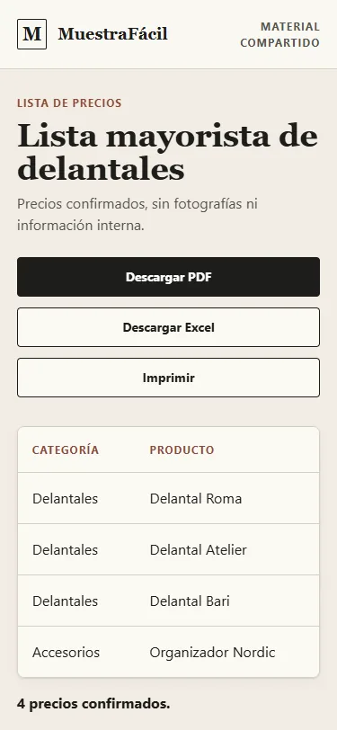 Lista de precios compartida en el celular, con productos y precios confirmados.